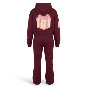 Custom Sweatsuit Tracksuit Chenille Patch Rhinestone <b>Cropped</b> Zip Hoodie Flare <b>Pants</b> 420 GSM Maroon Custom Logo - Product Image 2
