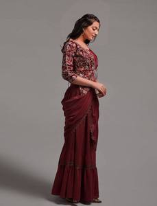 Ropa de fiesta estilo volantes de Bollywood Georgette Crush con Sari de diseñador estampado con blusa de Shree exportaciones indias - Product Image 5