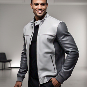 Customize PU Leather Jacket <b>Men</b> Street Style Vintage Wear Fashionable White Gray Leather Jacket Coat <b>Men's</b> - Product Image 1
