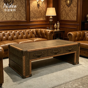 Tavolino da Caffè di Lusso in Pelle Vintage con 3 Cassetti, Stile Campagna Fatto <span class=keywords><strong>a</strong></span> Mano per Bar Domestico e Soggiorno, Angoli e Rivetti in Ottone - Product Image 1