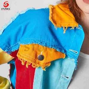 Chaquetas vaqueras personalizadas para mujer, chaqueta vaquera deshilachado recortada con bloque de color, abrigo corto informal para mujer - Product Image 2