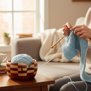 Cuenco de Madera Hecho a Mano de Primera Calidad para Hilos |   Diseño Artesanal Único y Estético |   Soporte Portátil para Hilos de Tejer y Crochet - Product Image 1