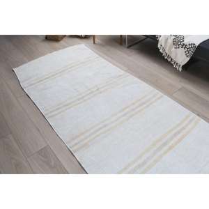 Alfombra Turca, Alfombra Vintage de 3.2x11.5 pies, Alfombra Ikat Blanca y Marrón - Product Image 4