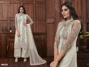 Nouveau créateur de vêtements indiens et pakistanais pour adultes Costumes élégants en filet Plazzo avec motifs de veste - Product Image 2