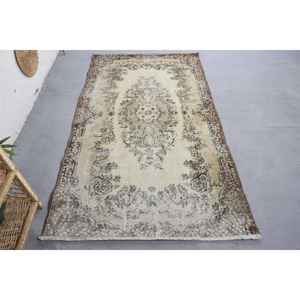 Alfombra de lana tradicional Vintage, diseño de retazos beige y marrón, hecha a mano, respaldo de látex rectangular de 3,9x6,8 pies para pasillo y sala de estar - Product Image 1