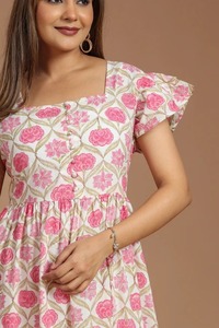 Vestidos Casuales de Algodón con Estampado Floral, Tejidos a Mano en India, Naturales y Ecológicos, Hasta la Rodilla, de Manga Corta, Estilo Bohemio para el Verano - Product Image 3
