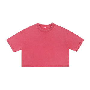 230GSM respirant lavé à l'acide été vintage tricoté haut court tenue décontracté à manches courtes logo personnalisé broderie ample col rond - Product Image 3