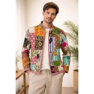 Chaqueta de Trabajo Profesional y Elegante con Bordado Kantha Pecha, Cierre de Cremallera, Cuello Mao, Prenda Exterior Informal de Cuero para Primavera, Talla XS Larga - Product Image 1