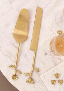 Best Selling Wood PC <b>Cake</b> <b>Tool</b> Set Gold Metal Plated Server Slicer & Spatula Flower Bee End Design Home Wedding Restaurant Use - Product Image 2