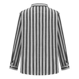 OEM Design personnalisé 100% Chemise décontractée à manches longues pour femmes en lin Col tournant Bouton Coupe régulière Couleur contrastée Rayé BD Front - Product Image 4
