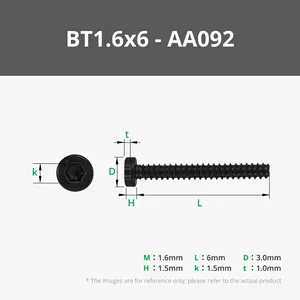 Vis autotaraudeuse à tête cylindrique (SHCS) en acier au carbone, finition zinc noir, filetage métrique grossier, diamètre de la tête 3 mm, entraînement H1.5, BT1.6 - Product Image 2