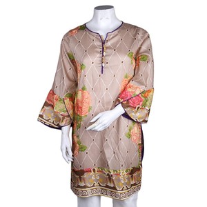 คุรตีผ้าลอนพิมพ์ลายสำหรับผู้หญิง - สีกาแฟ - Product Image 1