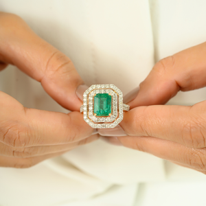 Hermosa joyería exquisita 9X7 MM Octágono corte esmeralda y Diamante doble Halo Anillo Para Boda Real K18 oro amarillo - Product Image 2