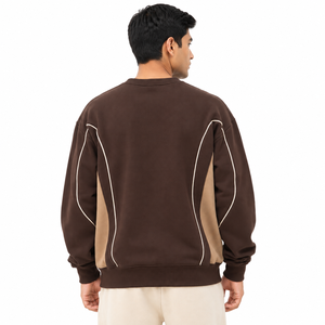 Men's <b>Brown</b> Colorblock Sweatshirt Crew Neck Contrast Piping Beige Panel Relaxed Fit <b>Fleece</b> Pullover Custom Logo Factory Direct - Product Image 2