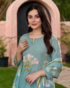 Dernière tendance en matière de kurti pantalon et dupatta en coton avec imprimé floral et broderie, fabricant et fournisseur de Surat - Product Image 4