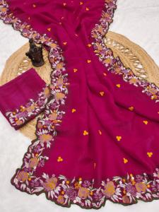 Nouveau sari fantaisie en organza pur et doux, travail de diamants Swarovski, entièrement brodé, fabriqué par un fabricant de saree à Surat, Inde - Product Image 3