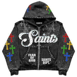 OEM personalizado Zip up Distress parche bordado Sharp Hood Sudadera con capucha Rhinestone ácido lavado Color Sudadera con capucha Rhinestones completos Sudadera con capucha 2025 - Product Image 3
