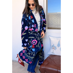 Blue Velvet Embroidered Long <b>Jacket</b> for Ladies <b>Quilted</b> Outerwear Floral <b>Pattern</b> Customizable Logo Sizes XL 5XL for Autumn Season - Product Image 1