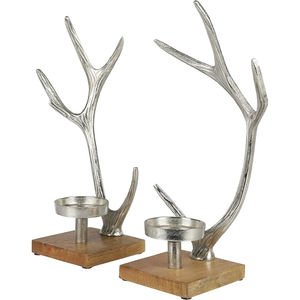 เชิงเทียนเขากวางดีไซน์ทันสมัยชุดเชิงเทียนอลูมิเนียมเขากวางพร้อมฐานไม้สำหรับตกแต่งบ้าน2ชิ้น - Product Image 2