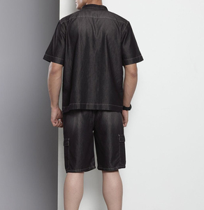 ชุดกางเกงขาสั้นลำลองสำหรับผู้ชายสำหรับฤดูร้อนเสื้อยืดแขนและกางเกงขาสั้นผ้ายีนส์ผ้าถักสวมใส่สบาย - Product Image 3