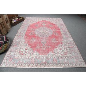 6.3x9.7 ft Vintage Large Rug, <b>Red</b> Blue Turkish Solid <b>Wool</b> Rug - Product Image 1