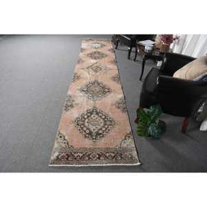 Turkish 2.7x13.2 ft Rug, Vintage Rug, <b>Brown</b> Patchwork Rug <b>Wool</b> - Product Image 1