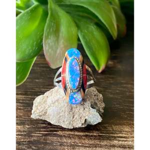 Navajo Handmade Cultural Collectible Ring Multi-Stone & Sterling Silver Inlay Size 4.75 - Product Image 1