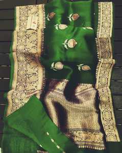 Saris de seda de brocado hechos a medida en hermosos diseños florales de color verde y patrones ideales para reventa por diseñadores de ropa - Product Image 5