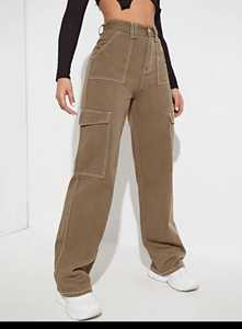 Pantalones vaqueros de pierna ancha rectos informales de cintura alta para mujer europeos al por mayor, ropa de calle lavada con bolsillos, Vaqueros marrones claros personalizados - Product Image 3