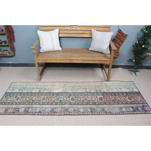 Alfombra Turca Vintage de 2.4x7.1 pies, Alfombra de Lana con Estampado Animal Azul Marrón - Product Image 2