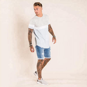 Camiseta Larga Gris Claro para Hombre, Manga con Raya Blanca, Dobladillo Curvo, Estilo Urbano Informal, Algodón, Corte Ajustado - Product Image 4