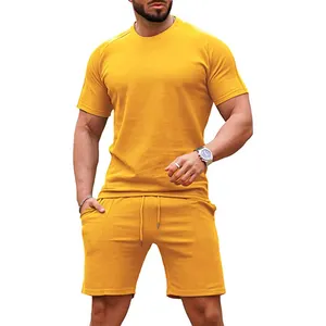 थोक 2023 पुरुषों की लघु सेट कस्टम लोगो 100% कपास 2 टुकड़ा आउटफिट फैशन गर्मियों Tracksuits Oem आकस्मिक टी शर्ट और छोटे सेट