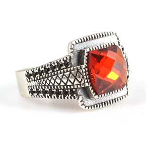 925 Sterling Silver Four-Sided Faceted Men's <b>Ring</b> with Red Garnet and <b>Turquoise</b> Rhodium Plated Fine Jewelry for Everyday Wear - Product Image 2