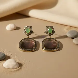 Pendientes colgantes con concha verde y marrón para mujer, colgante chapado en oro de 18 quilates y pendientes colgantes - Product Image 3
