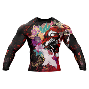 Men's Full Sleeve Rash Guard Sublimation Print Tiger <b>Crane</b> Floral Design Quick Dry Polyester Sport Top - Product Image 1