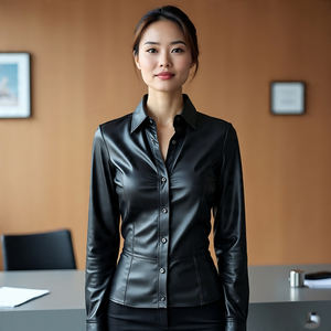 เสื้อหนังแกะแท้โอเวอร์ไซส์สำหรับผู้หญิง, เสื้อหนังแกะแท้ทรงหลวมมีกระเป๋าสองชั้นวางไหล่สไตล์วินเทจ - Product Image 2