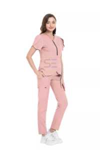 Uniformes de hospital para enfermeras, 4 vías, LICRA elástica, resistente a las arrugas, cuello redondo, cremallera, traje de mujer - Product Image 2