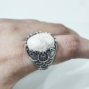 Nouvelle Arrivée Bague pour Homme en Argent Sterling 925 avec Pierre Naturelle Howlite, Toutes Tailles, Style Ottoman, Cadeau Anniversaire, Bijoux - Product Image 4