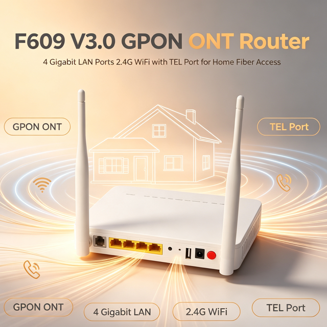 Used F609 V3.0 GPON ONT Router 4 Gigabit LAN Ports 2.4G WiFi with TEL Port for Home Fiber Access