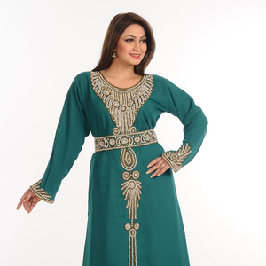 Teal Zari Work Stones & Beads Embellish Georgette Islamic Style Arabian Maxi Partywear <b>Kaftan</b> - Product Image 1