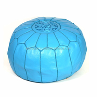 Pouf ottoman marocain en cuir véritable brodé à la main, bleu, mobilier moderne pour la maison, fait à la main, écologique, design rond