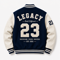 Veste de baseball en laine bleu marine avec logo personnalisé, manches en cuir blanc, broderie chenille, veste varsity pour homme, OEM