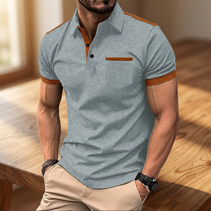 Men's Short Sleeve for Shirt Navy <b>Orange</b> Trim Cotton Pique Casual Breathable Printed Knitted Design Pocket Anti-Wrinkle 180g - Product Image 5