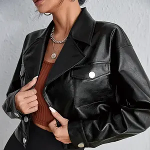 Veste en cuir PU de haute qualité pour femmes Long hiver ceinturé printemps automne Style poche décorative Faux cuir matériel respirant - Product Image 6