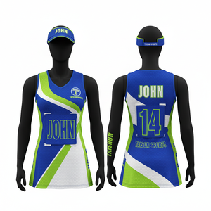 Maillot de netball premium pour femme, 155 GSM, en maille polyester légère, avec empiècements latéraux marron, bleu ciel et blanc, logo personnalisé thermocollé - Product Image 6