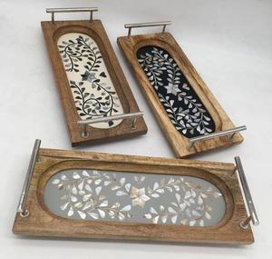 La mayoría de las ventas de madera y madre de perla incrustaciones de lujo plateado Bandejas para servir cuencos placa de carga hecha a mano con mango dorado - Product Image 5