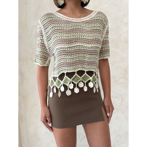 Blusa de malla verde esmeralda Topshow con dobladillo de pompones, elegante top de punto informal para mujer al por mayor para uso diario - Product Image 5