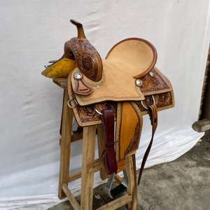 Premium <b>Wood</b> Tree Barrel Racing Artwork Western Leather Saddle Set | Hand <b>Tooled</b> SS Fittings Free Tack Set Horse Riding - Product Image 4