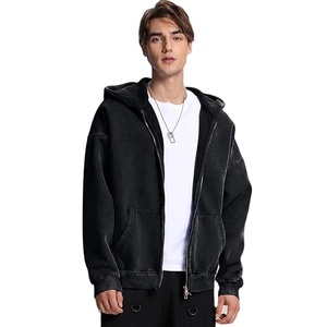Sweat à capuche zippé coupe ample délavé à l'acide 100% coton pour homme, style vintage, streetwear, vente en gros, design personnalisé - Product Image 1