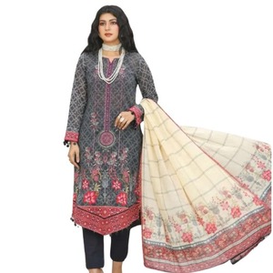 Women's Summer Collection 3-Piece Viscose Lawn Suits Pakistani Designers' Digital Print Dresses with <b>Lace</b> Button Decor Washable - Product Image 1